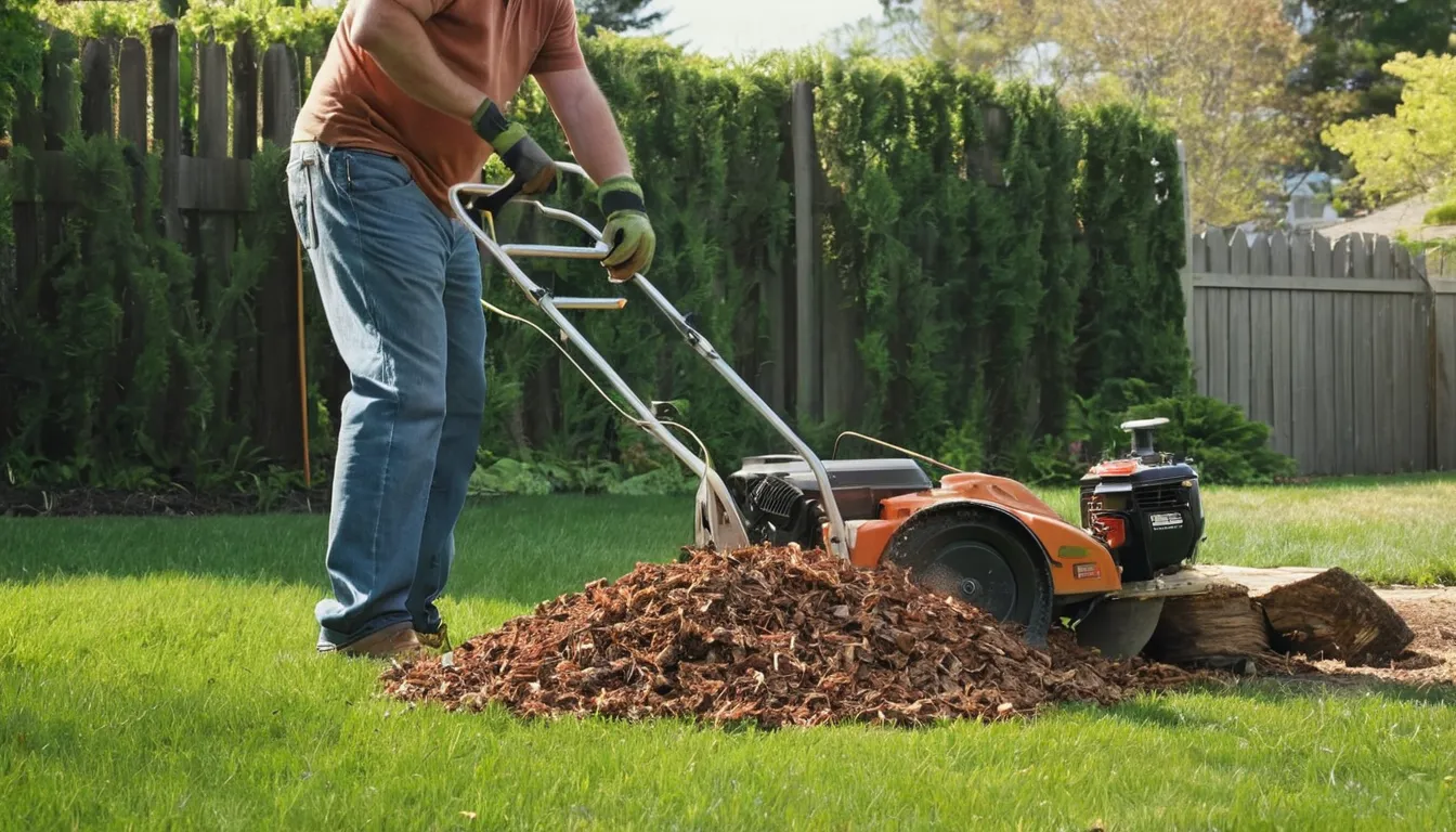 Local stump grinding provider working in a residential backyard in Bernardsville