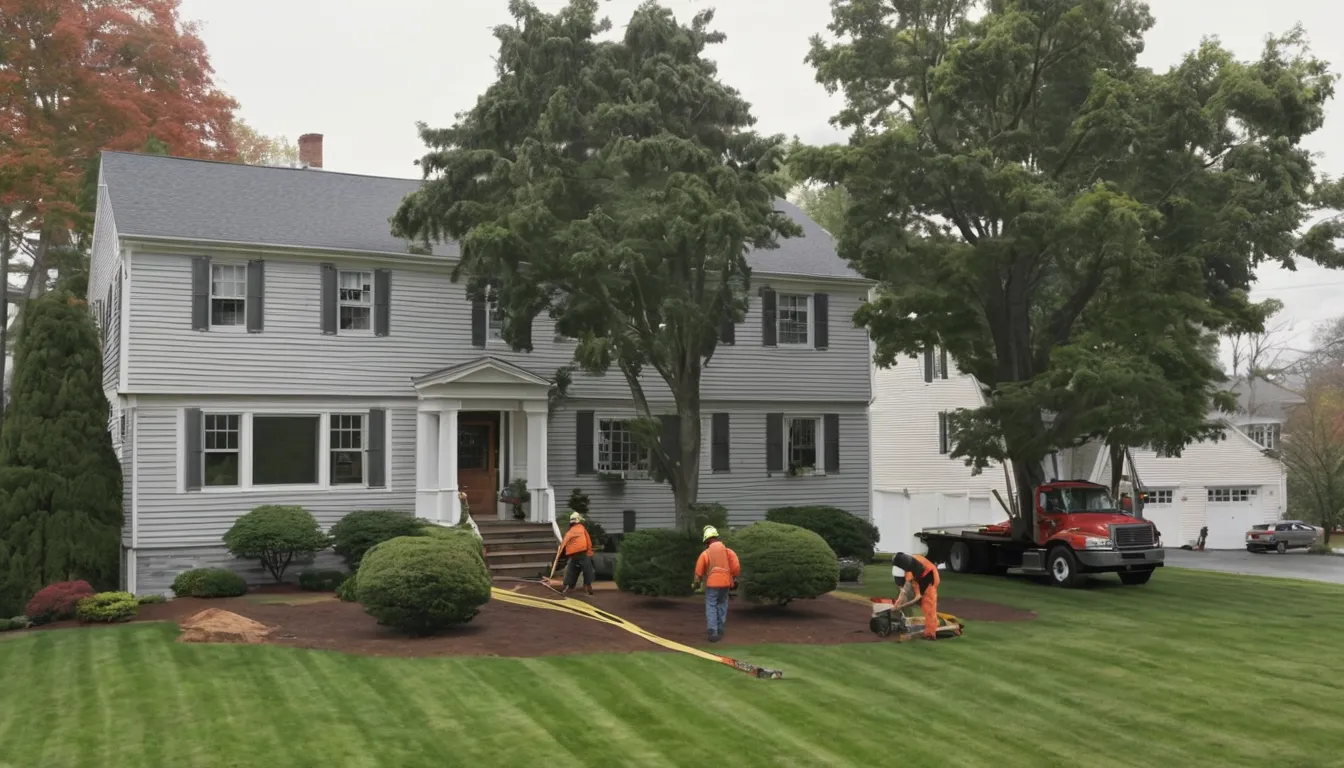 Provider crew safely taking down a large tree beside a Bernardsville home with the yard protected